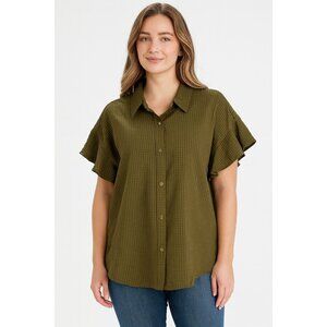 Max Studio  Womens Medium  Ruffle Front  Flutter Sleeve Button Up Shirt Top NEW